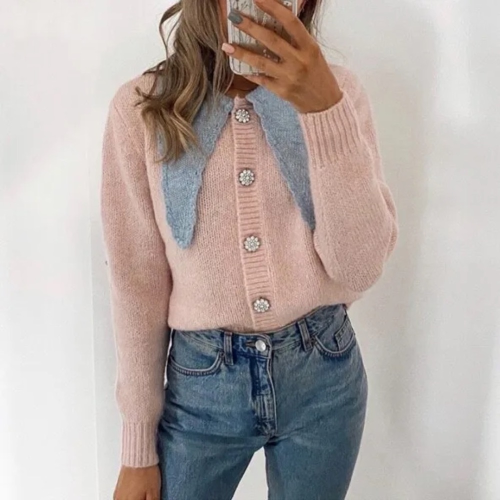 ZARA WOMAN Rhinestone Button Knit Cardigan Jewel Wool-Blend Pink. Size S